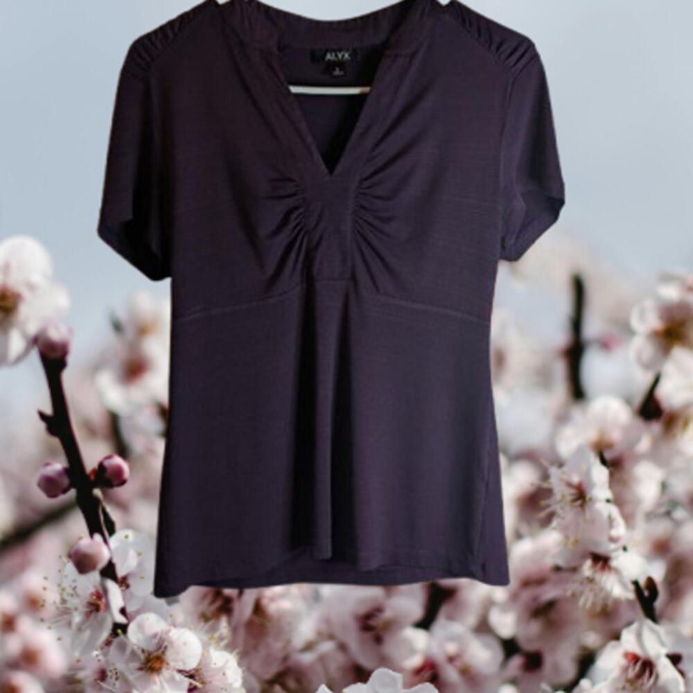 Alex Small short sleeve plum polyester blend stretch woman's blouse